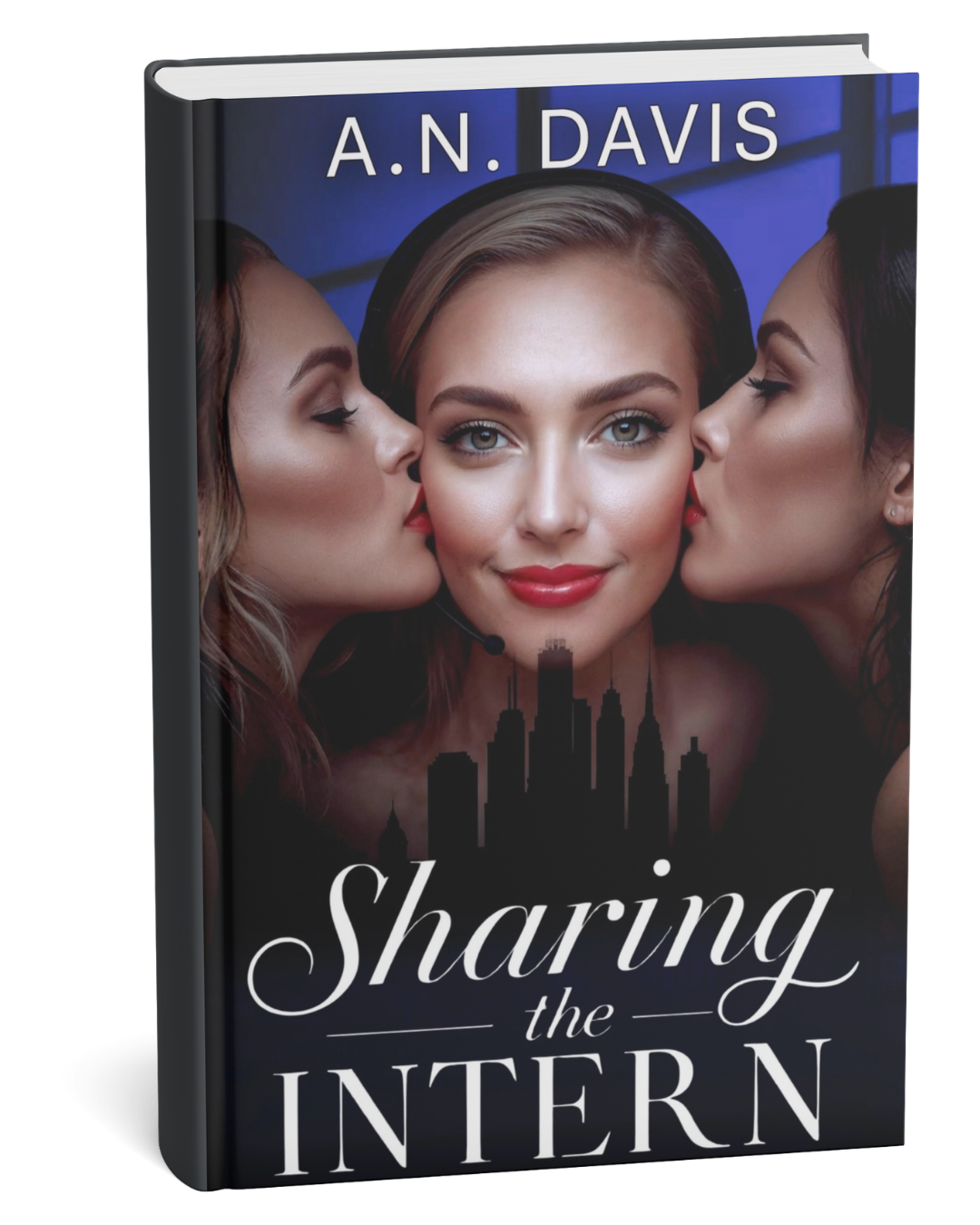 Book cover of 'Sharing the Intern' by A.N. Davis with a city skyline silhouette and three women kissing