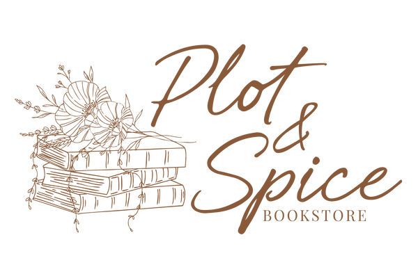 Logo of Plot & Spice Bookstore with books and flowers illustration on a white background