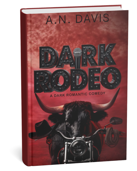 Book cover of 'Dark Rodeo' by A.N. Davis with a bull on a motorcycle against a red background.