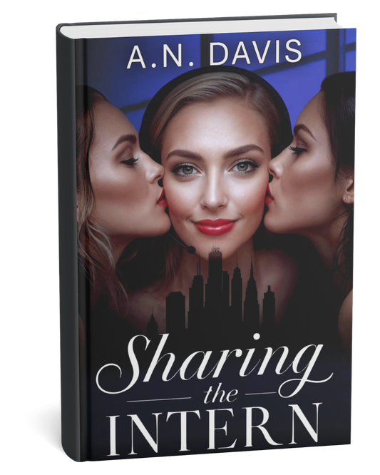Book cover of 'Sharing the Intern' by A.N. Davis with a city skyline silhouette and three women kissing
